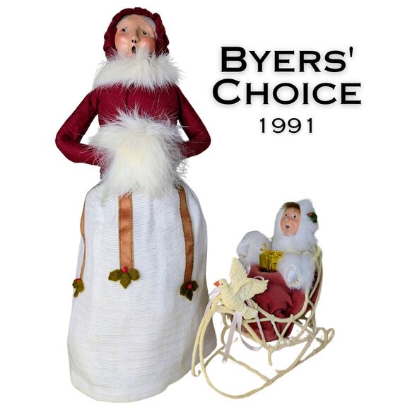 Byers' Choice Caroler Vintage 1991 Woman & Child Toddler Metal Sleigh Fur Muff - Picture 1 of 11